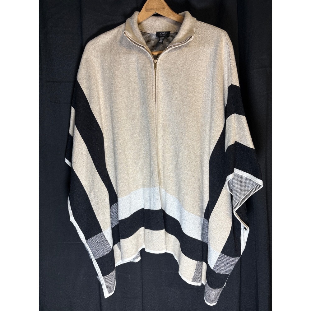 Jones New York Signature Womens 2X 3X Beige Black Striped Quarter Zip Poncho